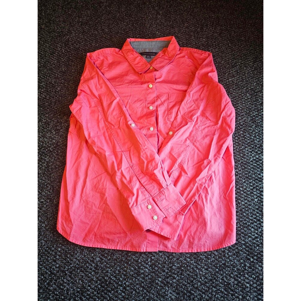 Tommy Hilfiger Mens Large Coral Pink Long Sleeve Button Up Shirt Pocket 2023
